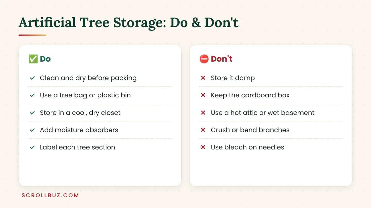 How to Clean an Artificial Christmas Tree: 5 Easy Methods (Incl. Pre-Lit Trees) 5 Artificial Christmas tree storage tips showing what to do and what to avoid