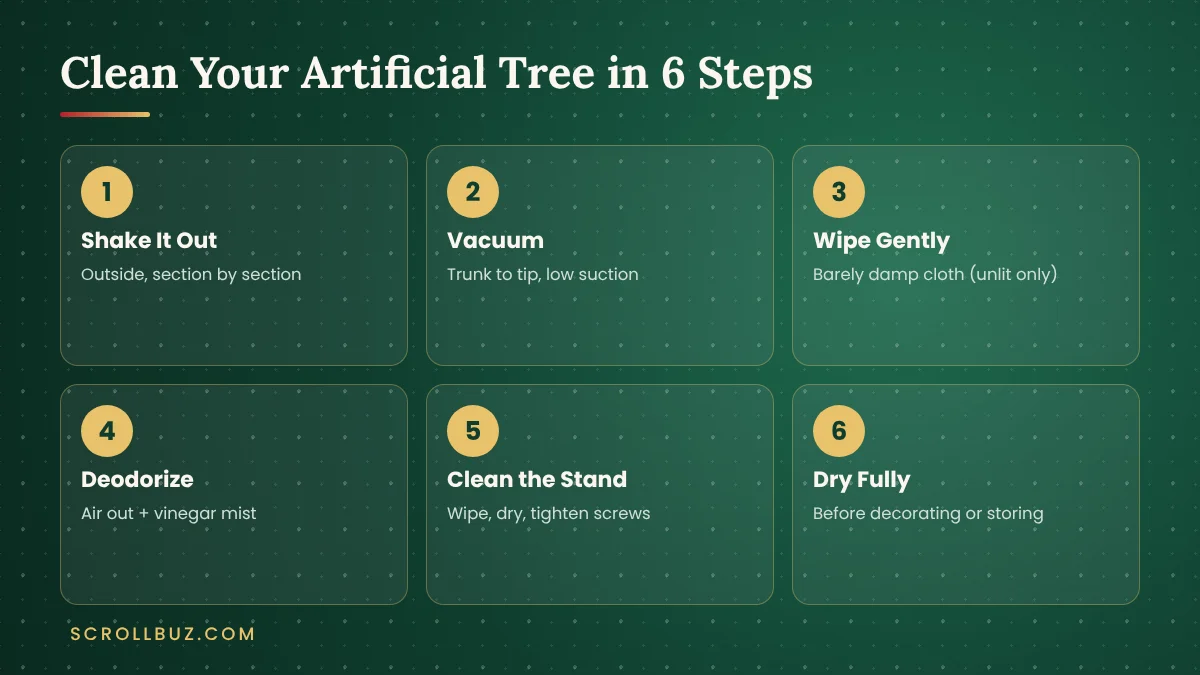 How to Clean an Artificial Christmas Tree: 5 Easy Methods (Incl. Pre-Lit Trees) 4 Six steps to clean an artificial Christmas tree from shaking to drying