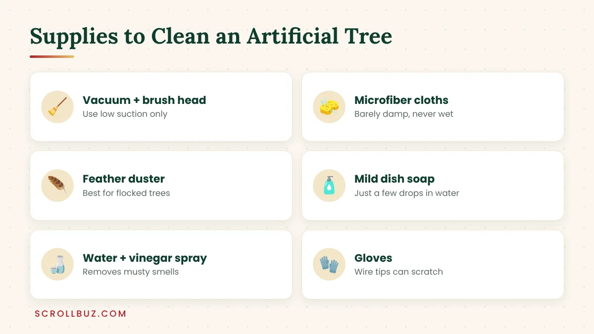 How to Clean an Artificial Christmas Tree: 5 Easy Methods (Incl. Pre-Lit Trees) 2 Supplies needed to clean an artificial Christmas tree like vacuum, microfiber cloth and gloves