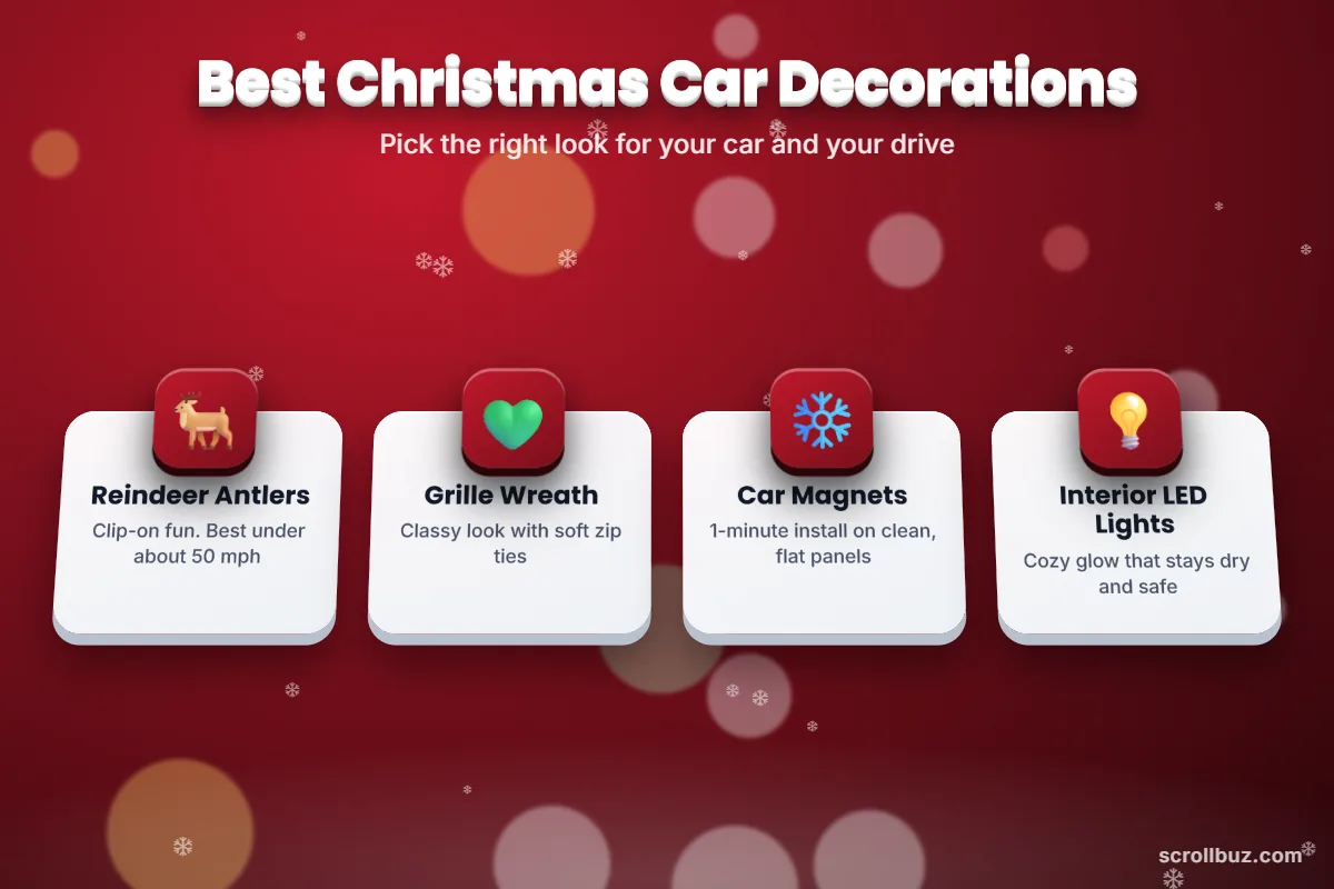 Comparison of reindeer antlers, grille wreath, car magnets and interior LED lights for Christmas car decorations