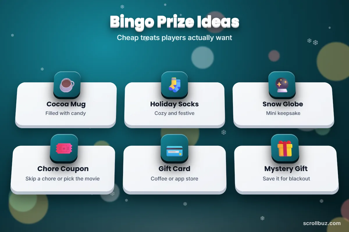 Christmas bingo prize ideas like cocoa mugs, holiday socks, snow globes and gift cards
