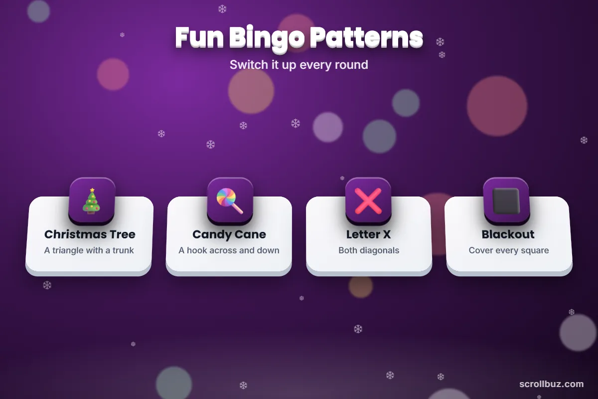 Christmas bingo variations including tree, candy cane, letter X and blackout patterns