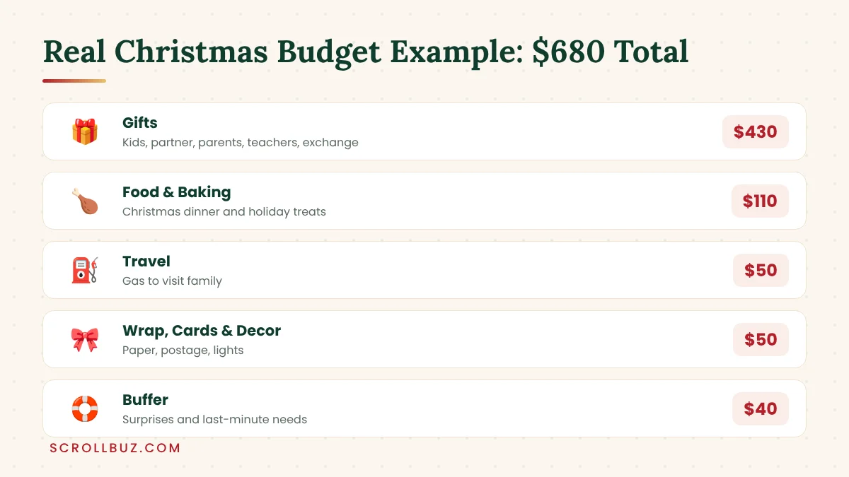 Example Christmas budget of 680 dollars split into gifts, food, travel, decor and buffer