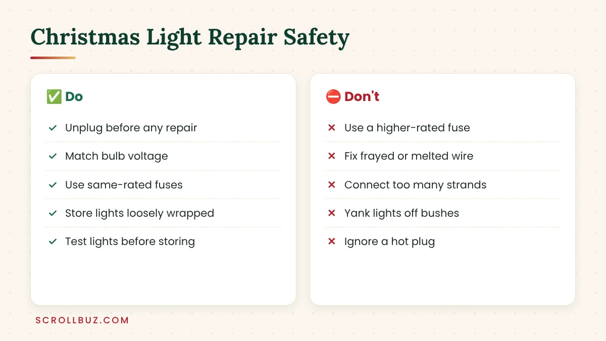 Christmas light repair safety tips with do and don't lists