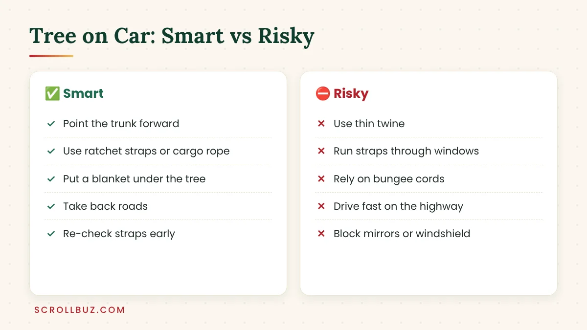 How to Tie a Christmas Tree to Your Car (With or Without a Roof Rack) 5 Smart and risky ways to tie a Christmas tree to a car compared