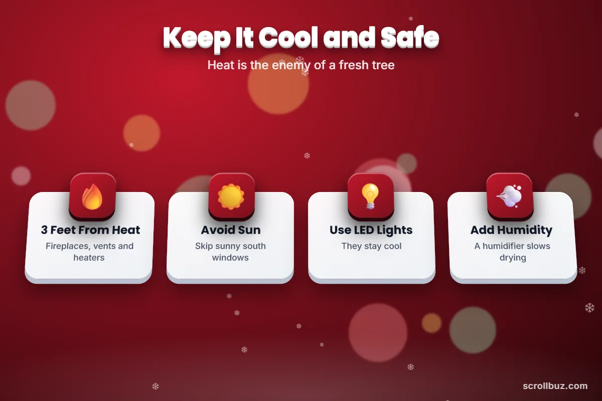 Christmas tree placement tips to keep it away from heat and use LED lights