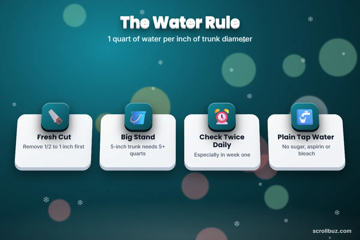 Christmas tree water rule with fresh cut, stand size and daily checks