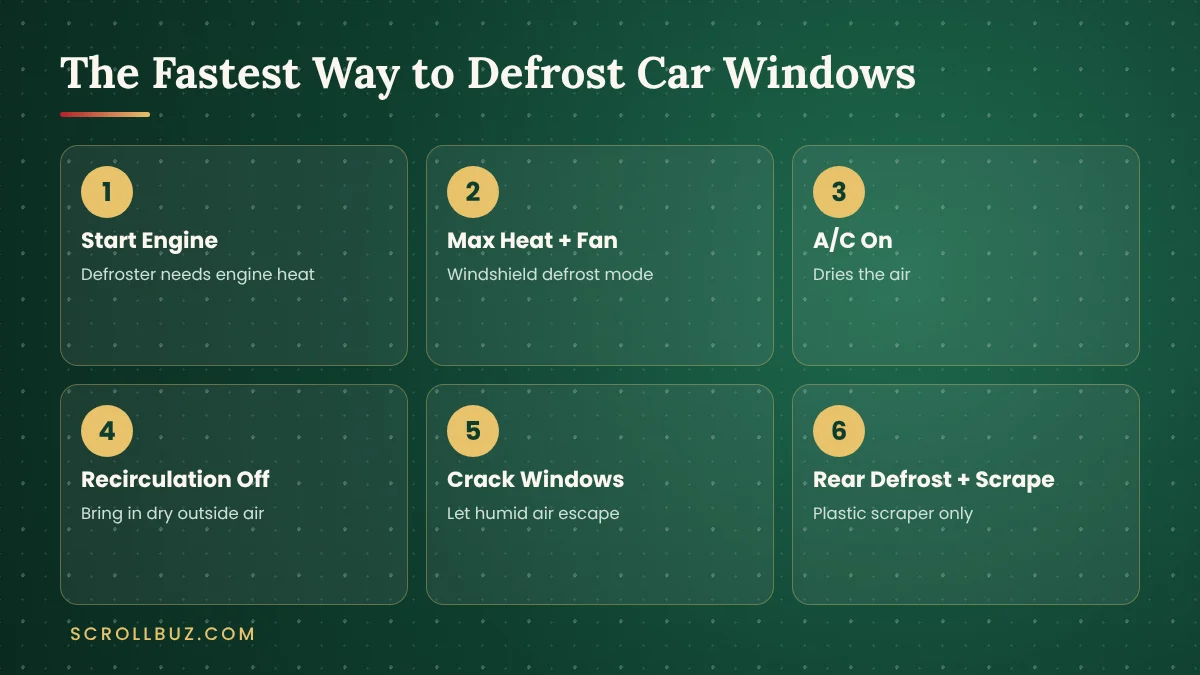 How to Defrost Car Windows Fast (Inside and Outside): 8 Proven Methods 2 Six steps for the fastest way to defrost car windows