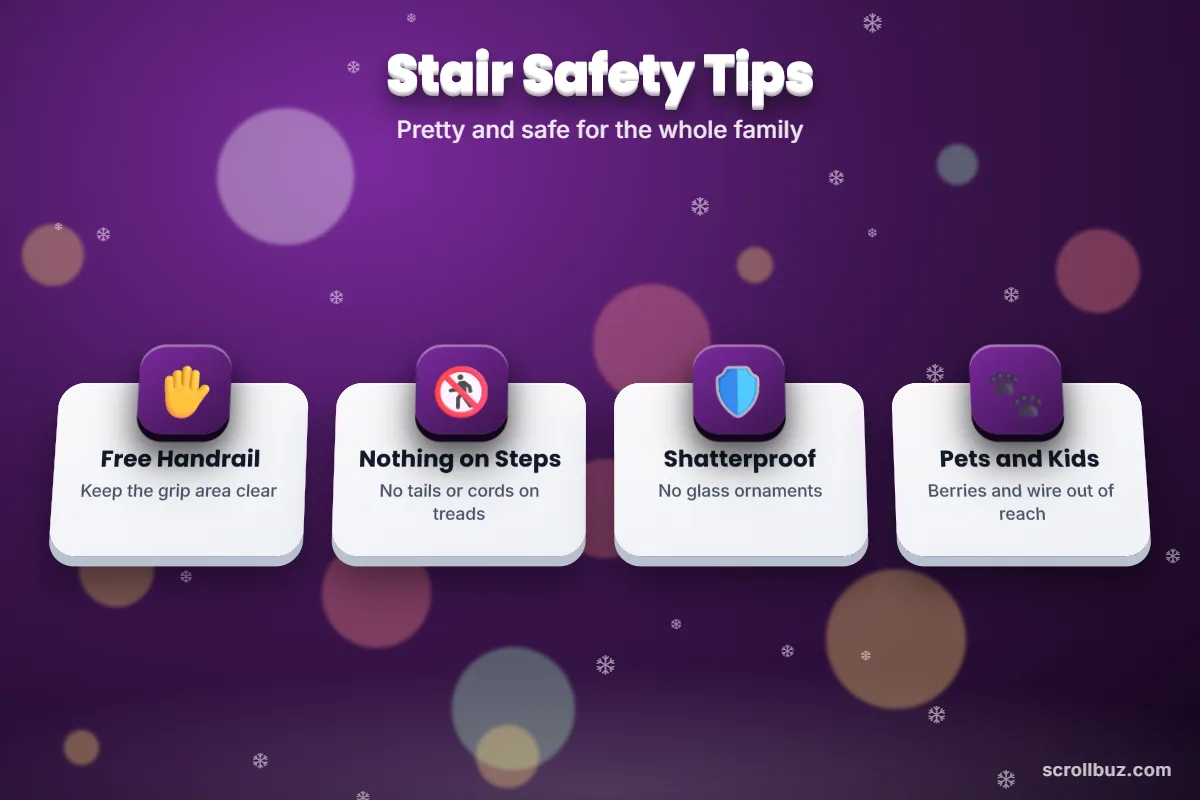 Safety tips for garland on stairs including a free handrail and shatterproof ornaments