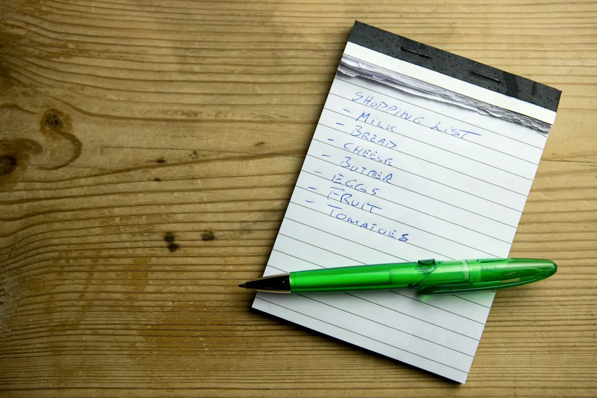 How to Save Money on Groceries: A Simple Weekly System That Works 2 Notepad and pen used to write a grocery shopping list