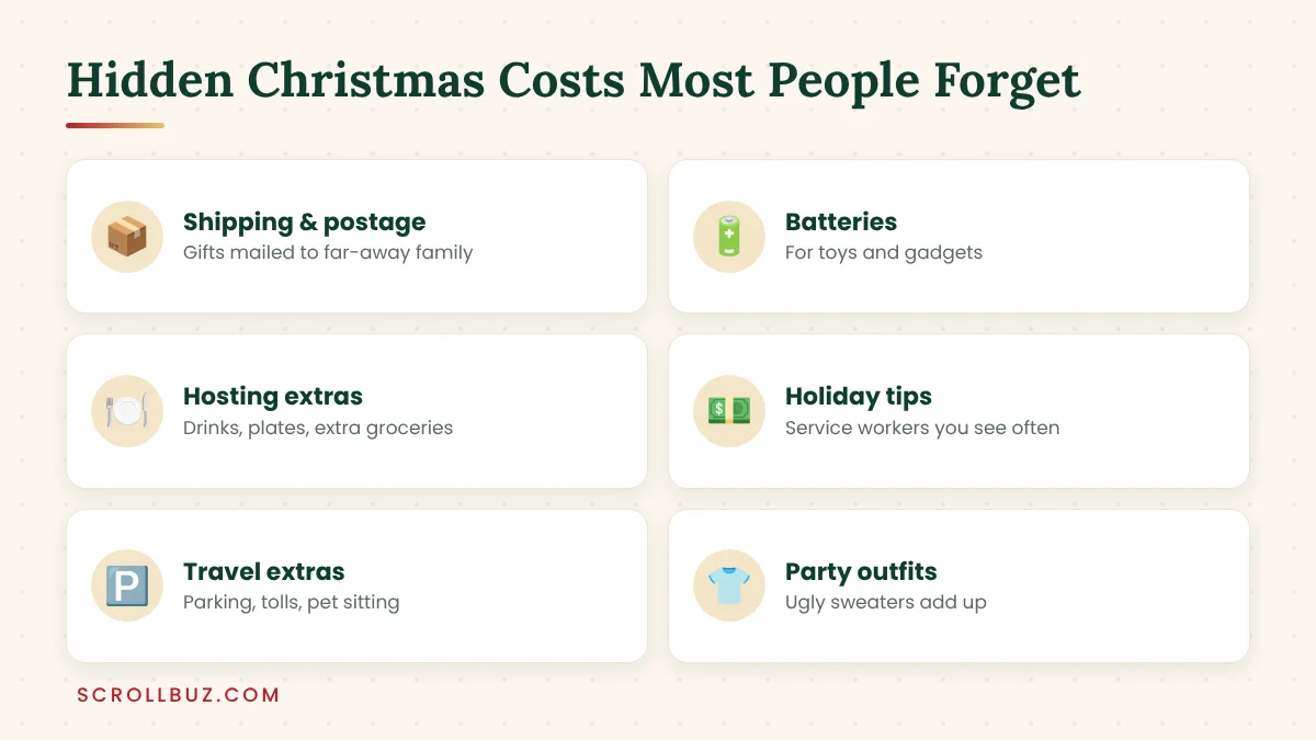 List of hidden Christmas costs like shipping, batteries, hosting and holiday tips