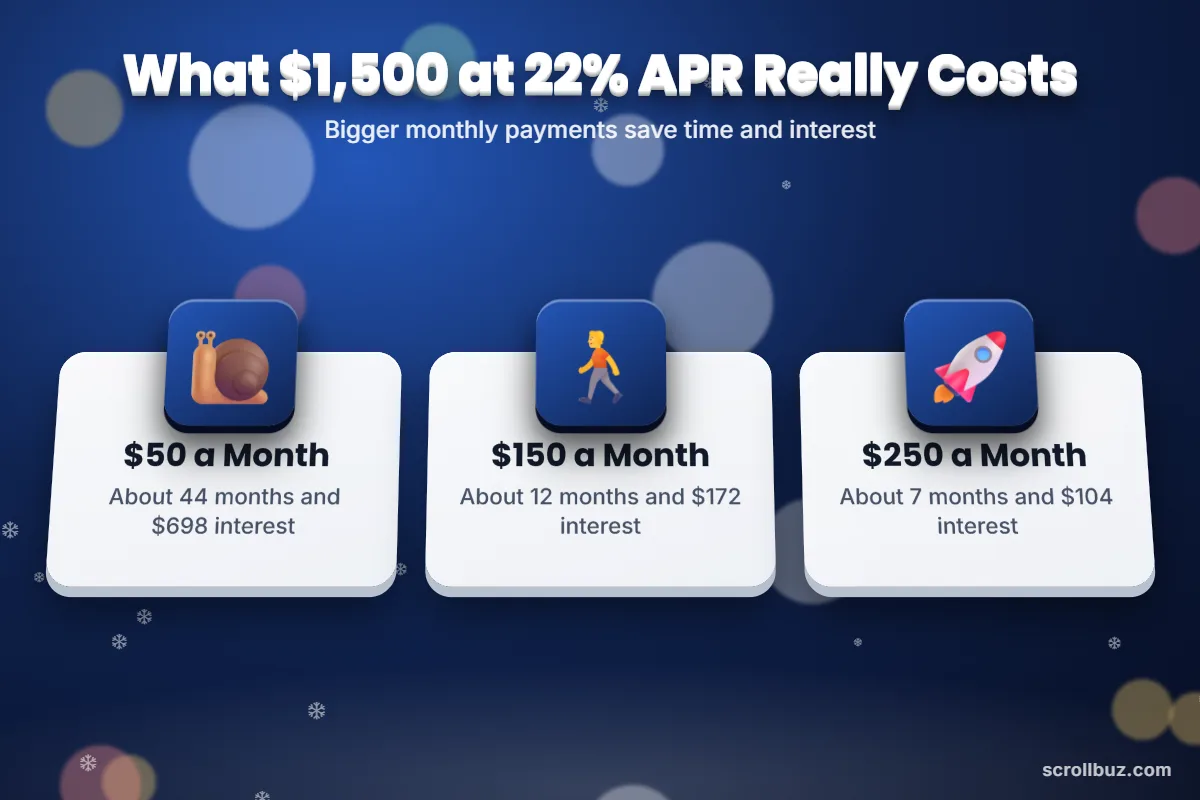 Holiday debt interest cost example comparing 50, 150 and 250 dollar monthly payments
