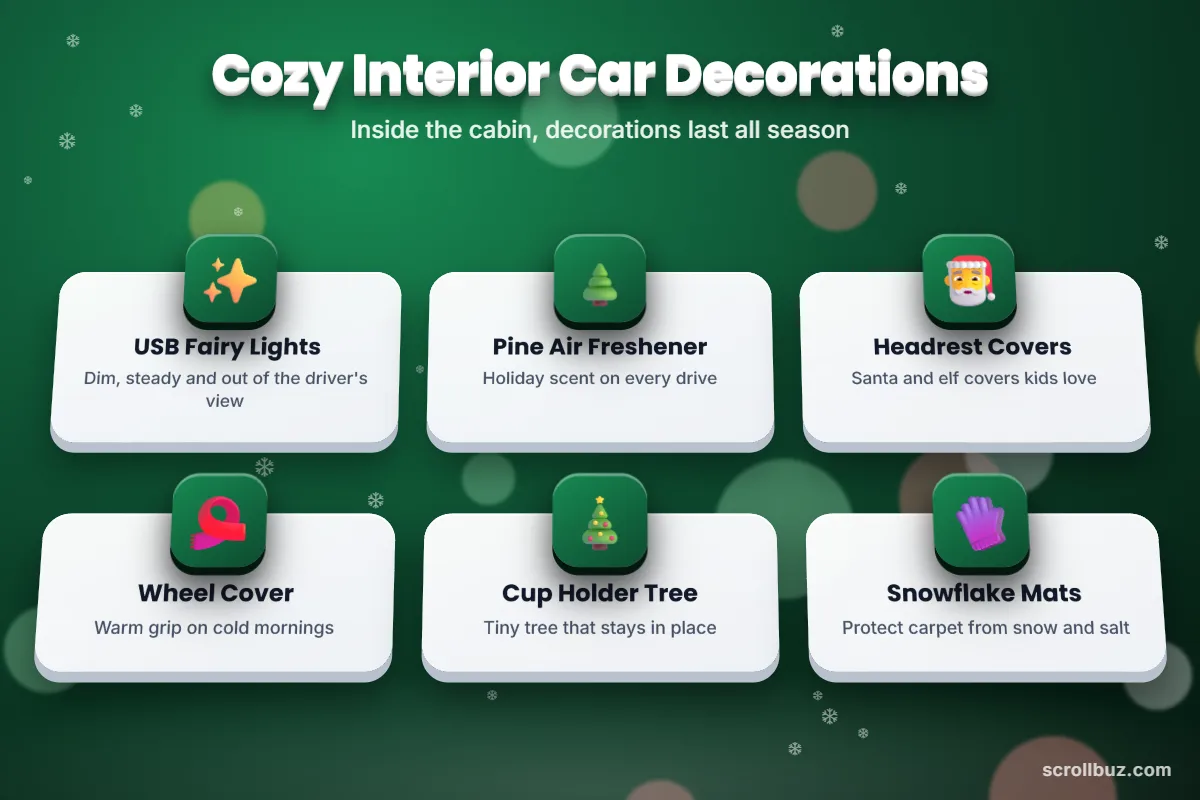 Interior Christmas car decorations including fairy lights, pine air freshener, headrest covers and floor mats