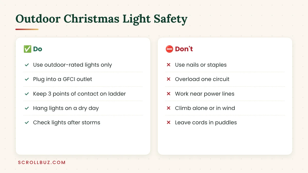 Outdoor Christmas light safety tips showing what to do and what to avoid