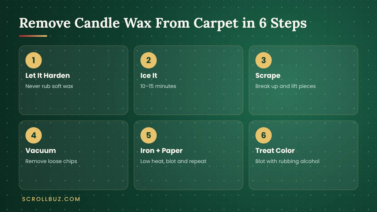 Six steps to remove candle wax from carpet from freezing to treating color stains