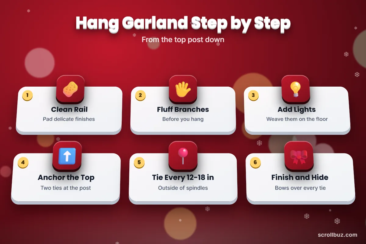Six steps to hang garland on stairs from cleaning the rail to adding bows