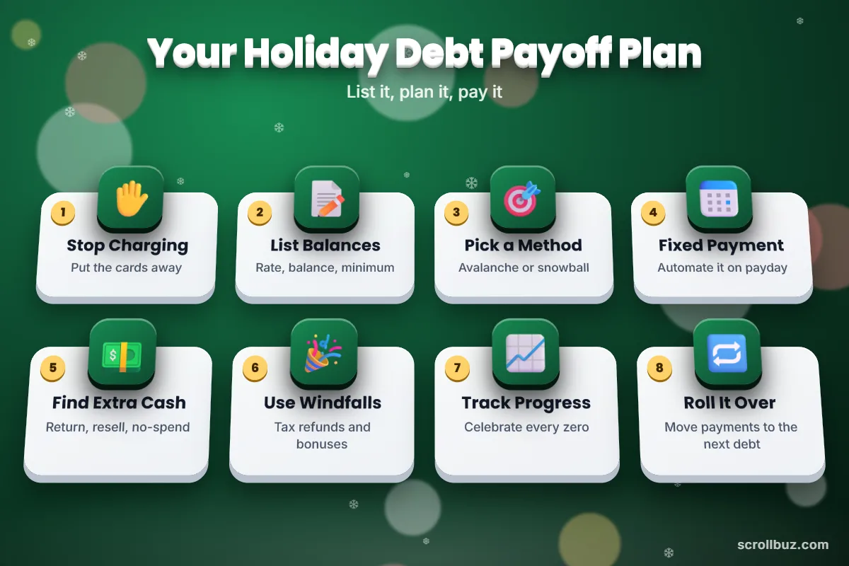 Holiday debt payoff plan steps from stopping new charges to rolling payments into the next balance