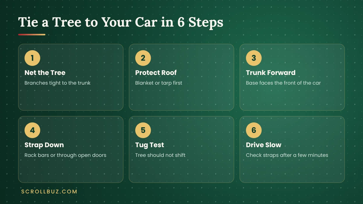 How to Tie a Christmas Tree to Your Car (With or Without a Roof Rack) 3 Six steps to tie a Christmas tree to a car roof safely