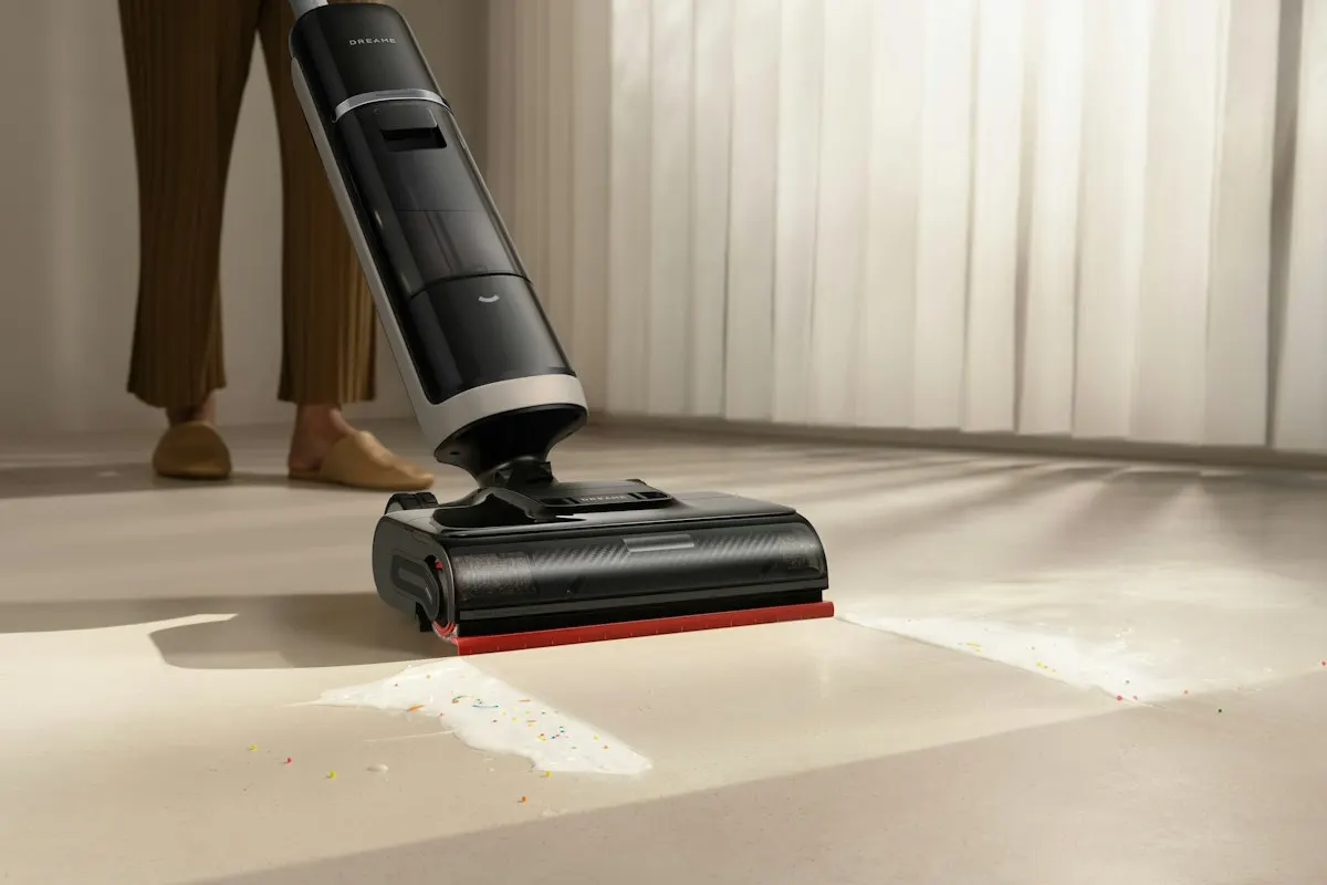 Vacuum cleaner removing dust along the floor and baseboard before wiping