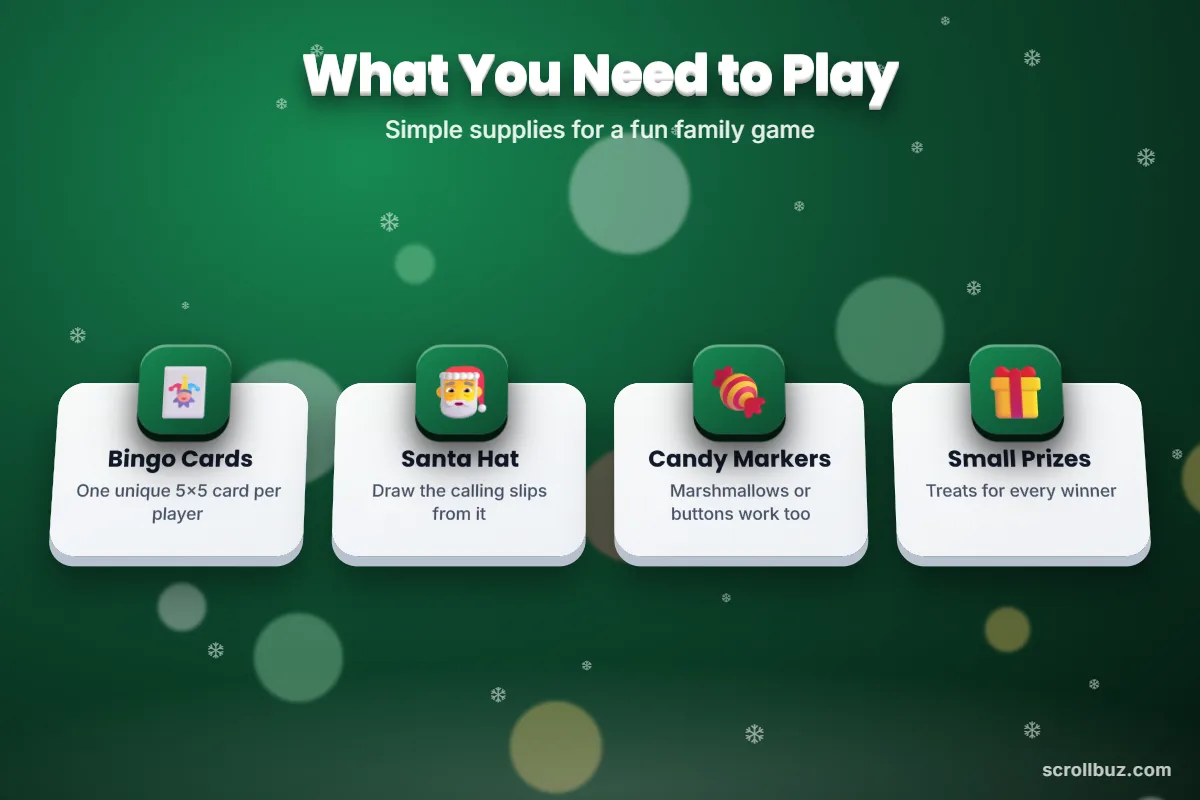 Supplies needed for Christmas bingo including cards, Santa hat, candy markers and prizes