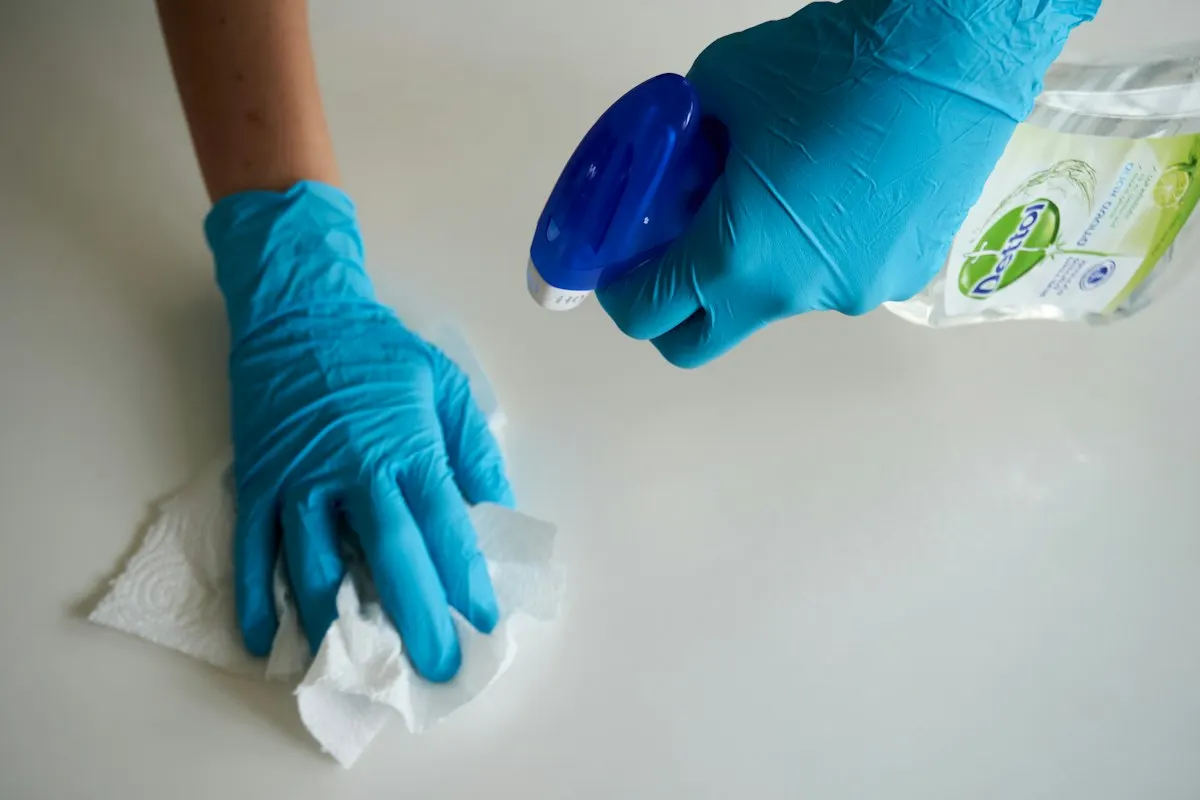 Gloved hand wiping a surface with spray cleaner and a cloth