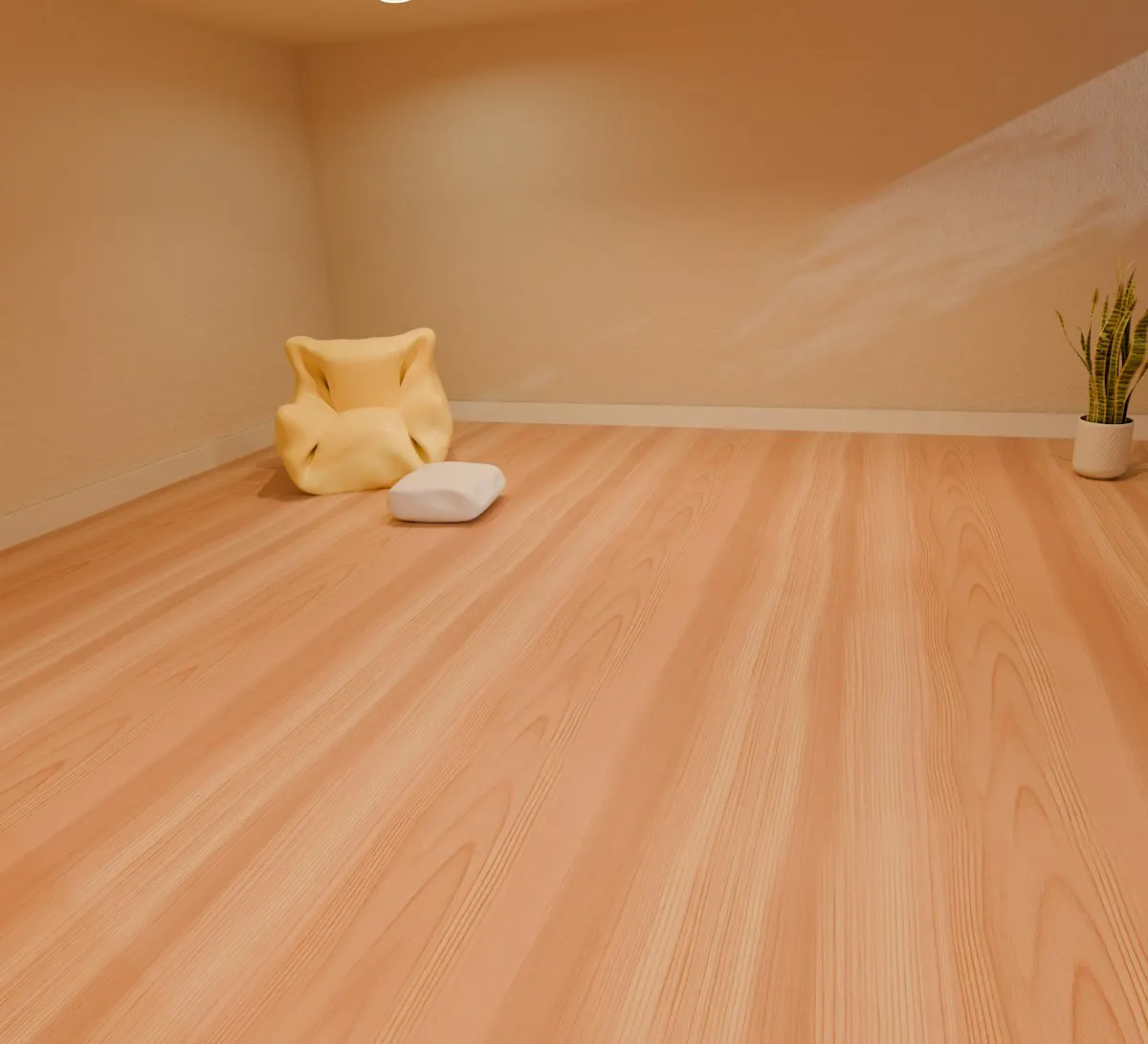 Wood floor meeting clean painted baseboard trim